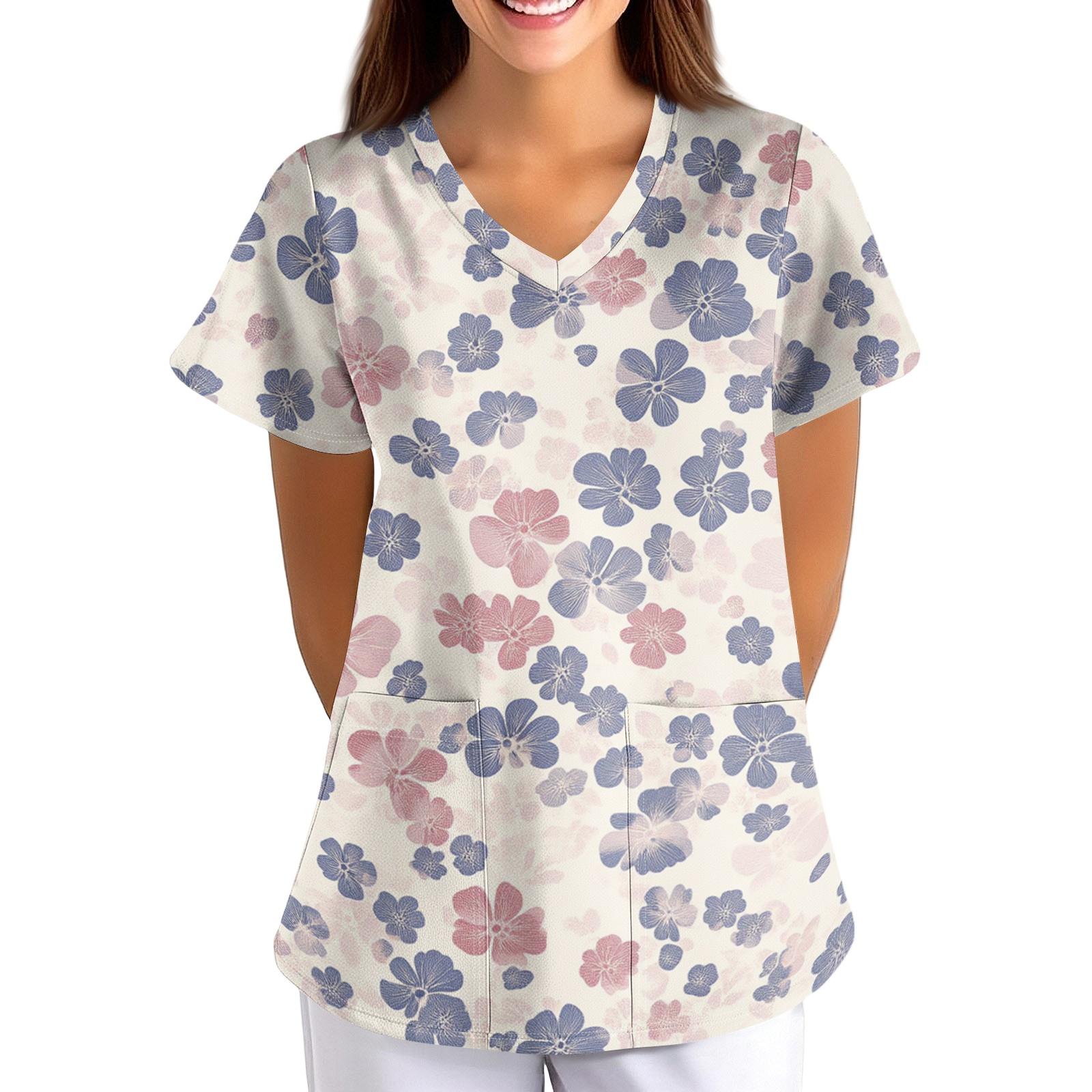 

Women’s Printed Loose Fit V Neck Pocket Short Sleeve Scrub Top Nurse Uniform for Healthcare XL
