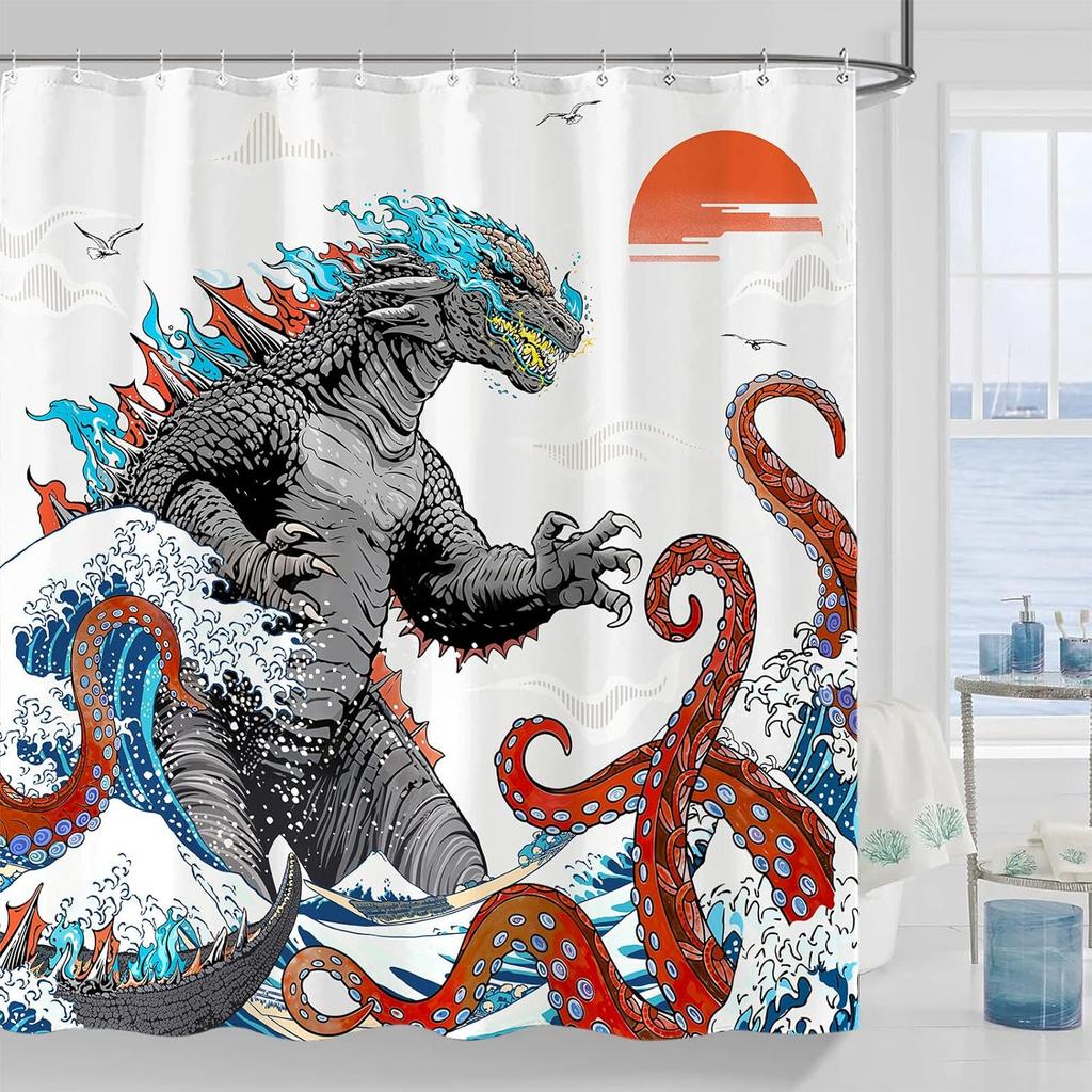 Funny Dinosaur Shower Curtain Fun Cool Japanese Monster Shower Curtains for Bathroom Kids Boys Cartoon Dino Silhouette Shadow