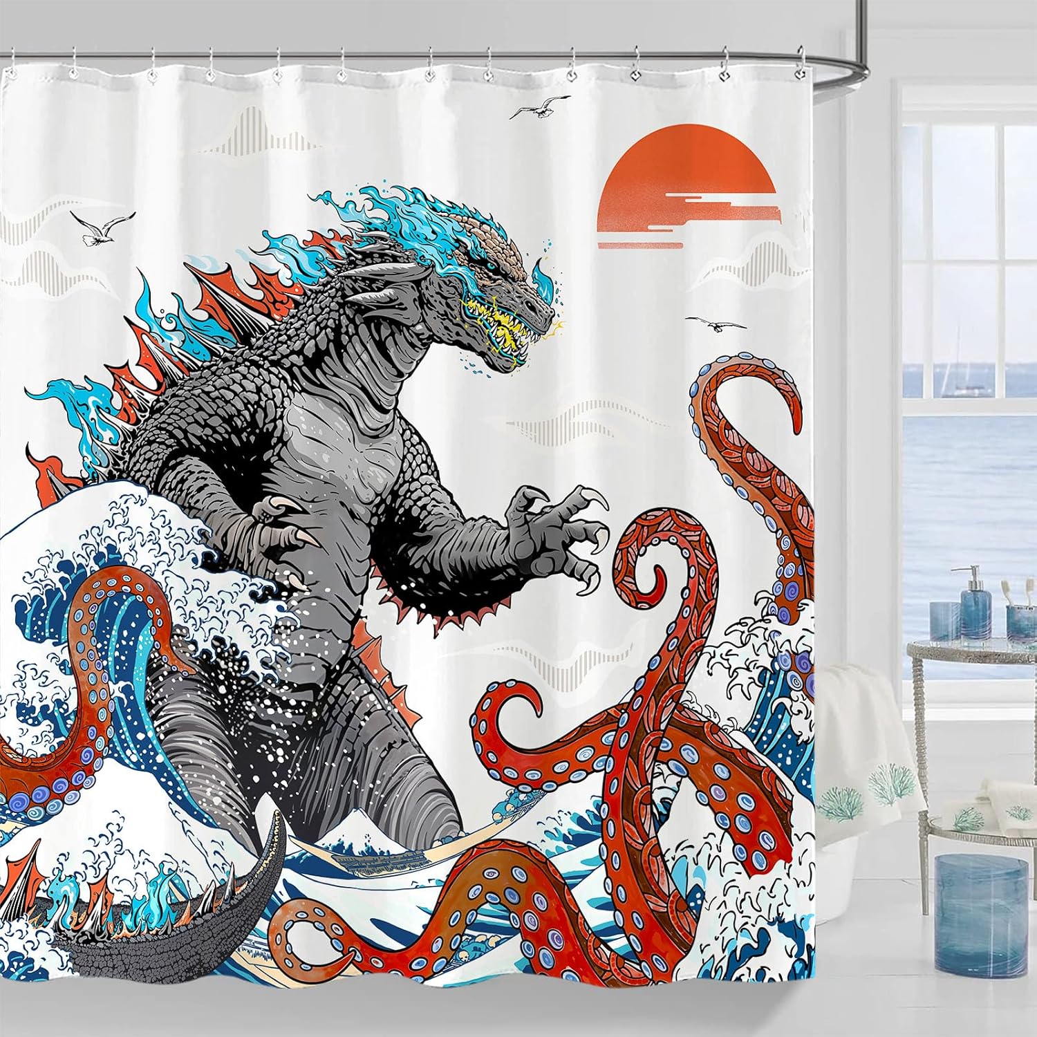 Funny Dinosaur Shower Curtain Fun Cool Japanese Monster Shower Curtains for Bathroom Kids Boys Cartoon Dino Silhouette Shadow 90x180cm