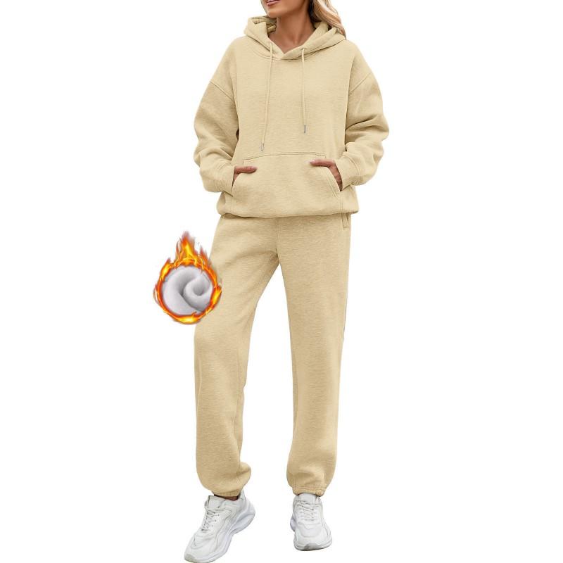 Womens Solid Color Long Sleeve Hooded Fleece Lined Sweatshirt Casual Pants Set Winter