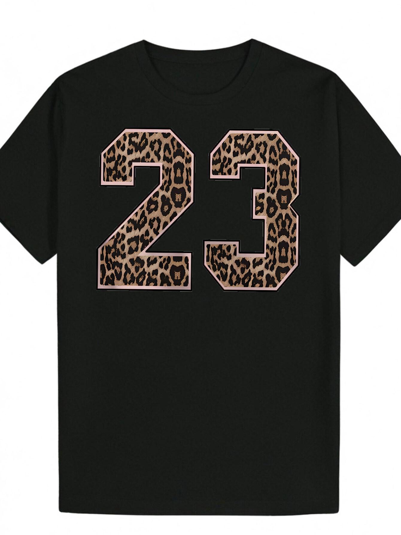 

T-shirt with Leopard Print 23 Graphic - Black Polyester Round Neck Tee XXXL