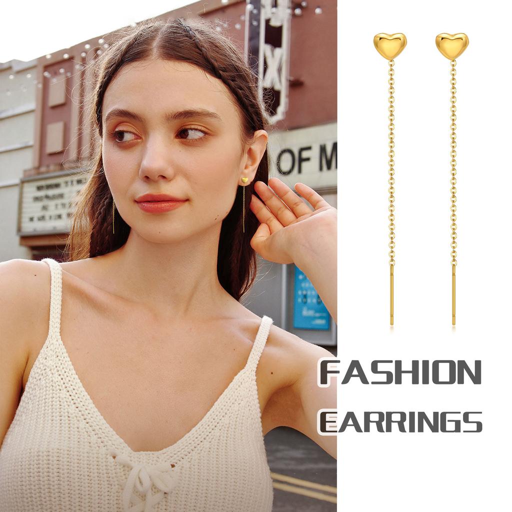 Heart Threader Earrings for Women, Stainless Steel Long Chain Drop Earrings, Love Shape Threader