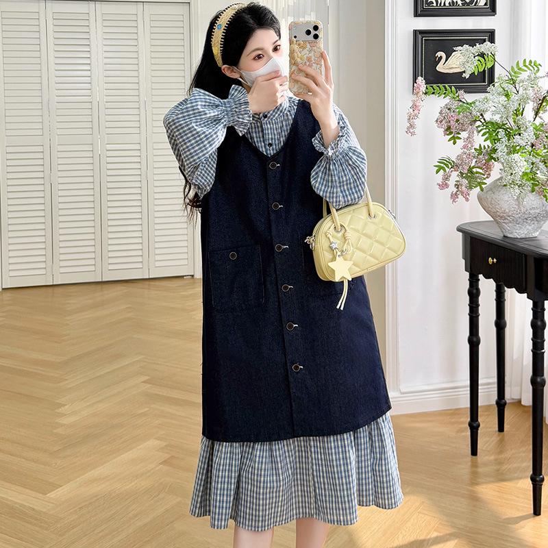 Spring 2026 Korean Style Plaid Maternity Dress Set Medium