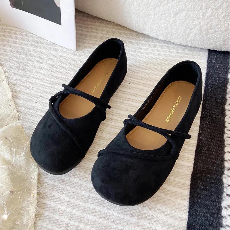 Women’s Black Suede Flat Shoes 2024 Fashion Thin Strap Shoe For Woman Round Head Closed Toe Shallow Mouth Flat Loafers Shoes