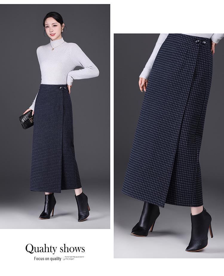 Plaid Woolen High-Waisted Pencil Skirt: Winter 2025 Korean Style, Thickened and Warm with Slit