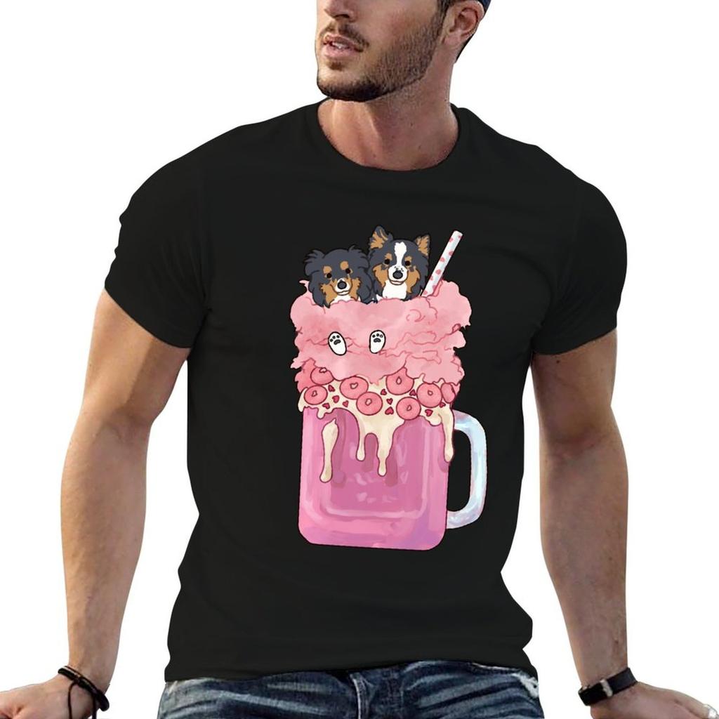 Shetland Sheepdogs In Cotton Candy Pastel Pink Milkshake Tshirt Cotton T Shirts Unisex 100 T Shirt Unisex Casual Tshirt