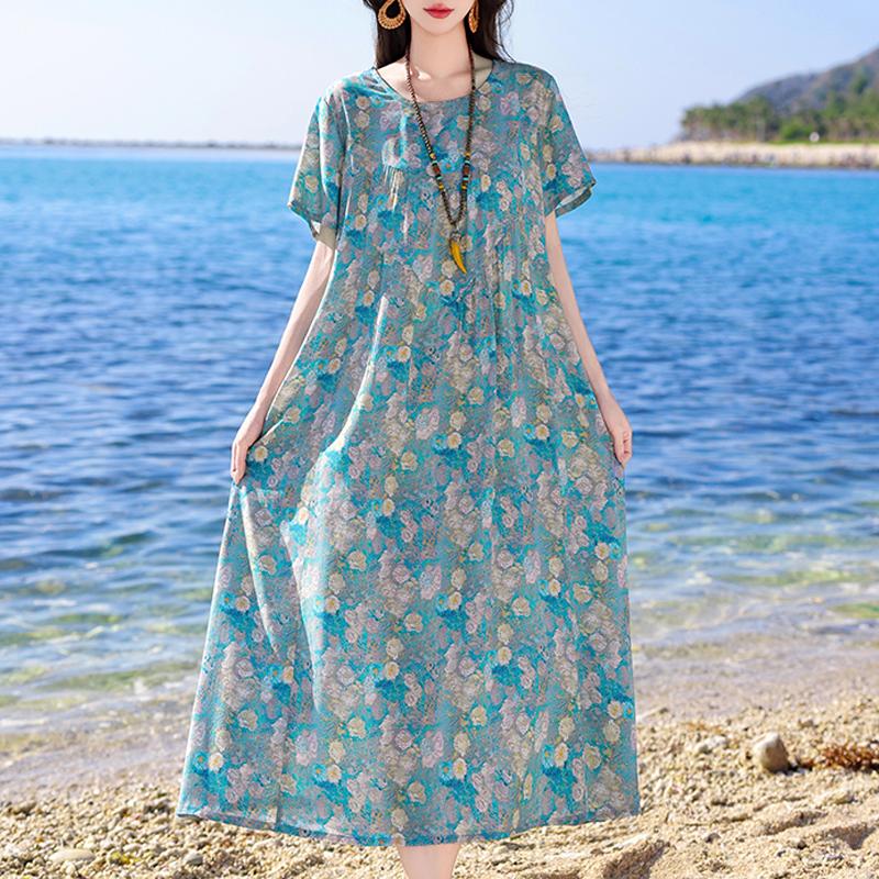 Plus Size Elegant Women's Summer Dress Vintage Clothes Short Sleeve Loose Long Dresses
