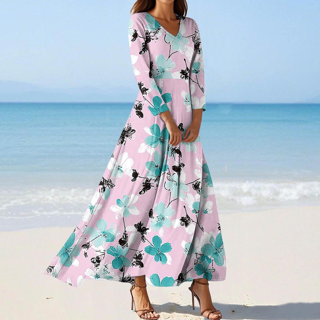 Abiti da Spiaggia da Donna alla Moda con Scollo a V e Maniche Sette Punti Stampati Floreali