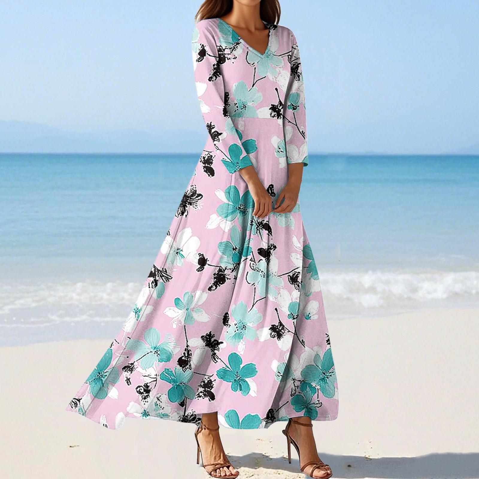 

Women s Fashion V-Neck Floating Beach Dresses Seven Sleeve Floral Printed Dresses L рожевий