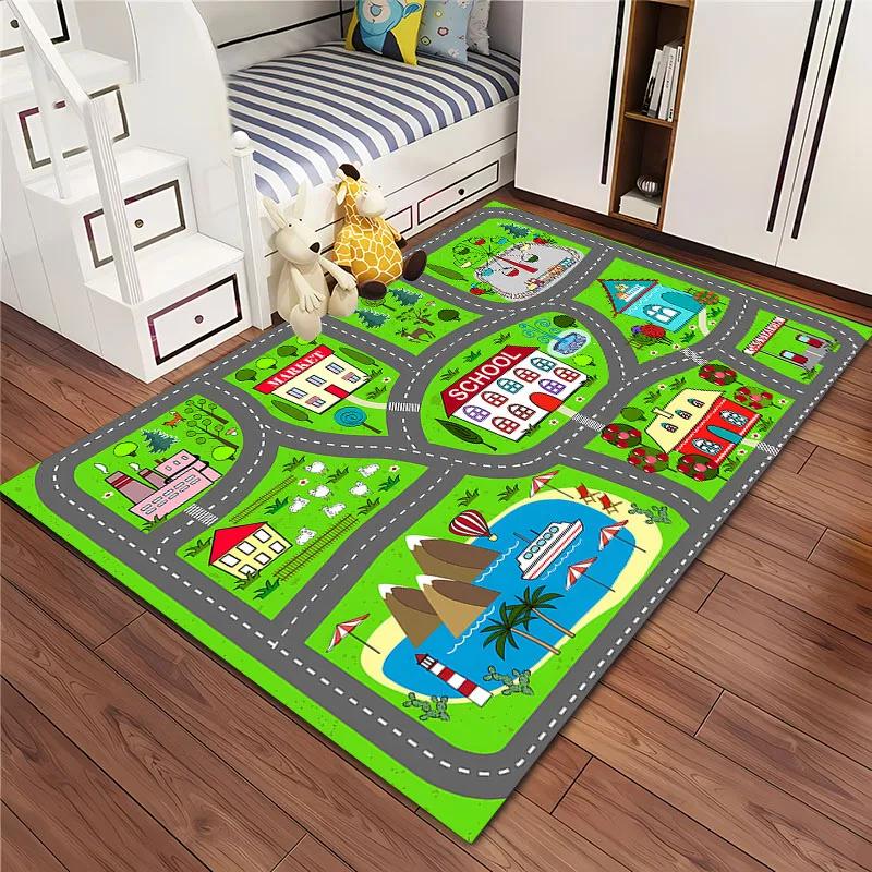 3D-Druck Kinderspielmatte Stadtverkehrskarte Großer Flächenteppich Teppich für Wohnzimmer Schlafzimmer Kinder Spielen Rutschfeste Bodendekormatte Geschenk
