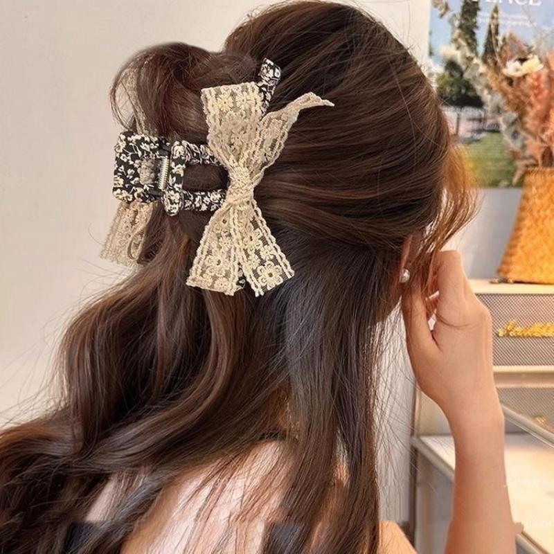 French Vintage Floral Lace Butterfly Knot Hair Clip Large Shark Clamp Sweet Girl Gentle Style Hair Accessories Headwear
