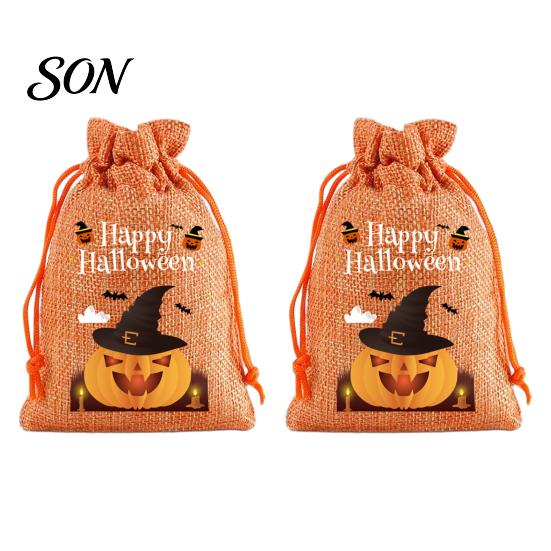 Lightweight Candy Carriers 2Pcs Halloween Pumpkin Drawstring Bags for Treats, Retro Burlap Pattern Party Favors Trick or Treat Bags, Portable