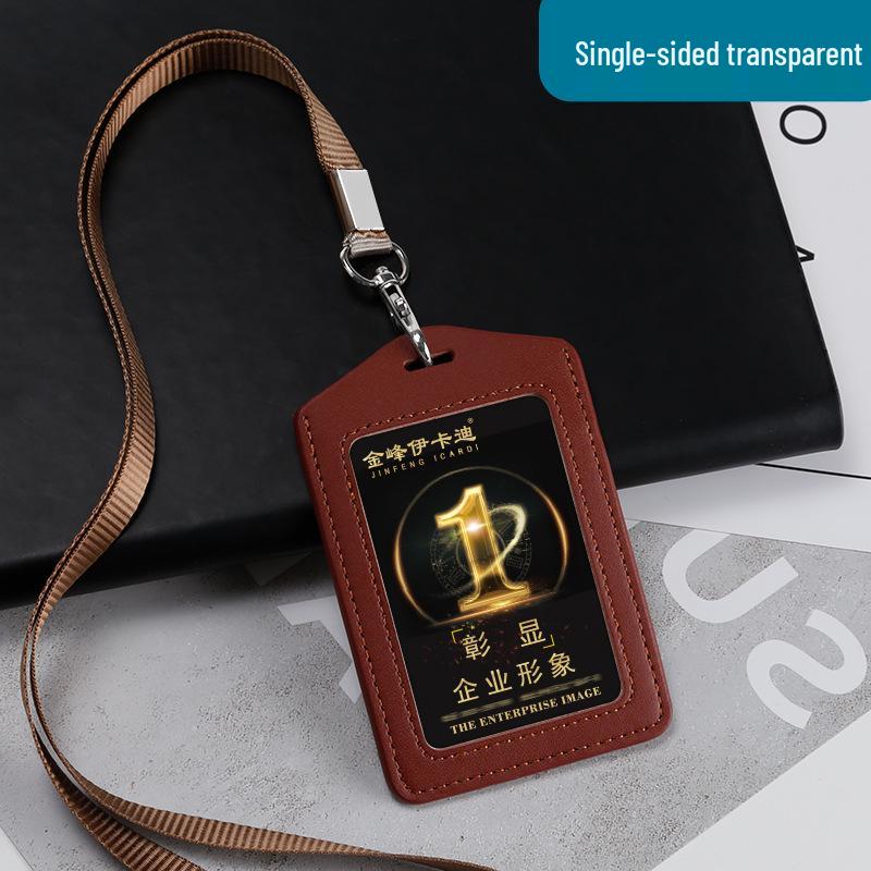 Genuine Leather Double-Sided ID Card Holder with Transparent Windows and Lanyard