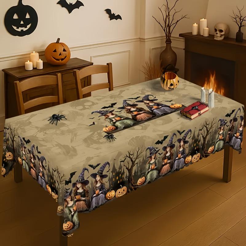 Ein vintage Halloween-Tischdecke mit Motiven von Hexen, Fledermäusen und Kürbissen, geeignet für die Heimdekorationzyc
