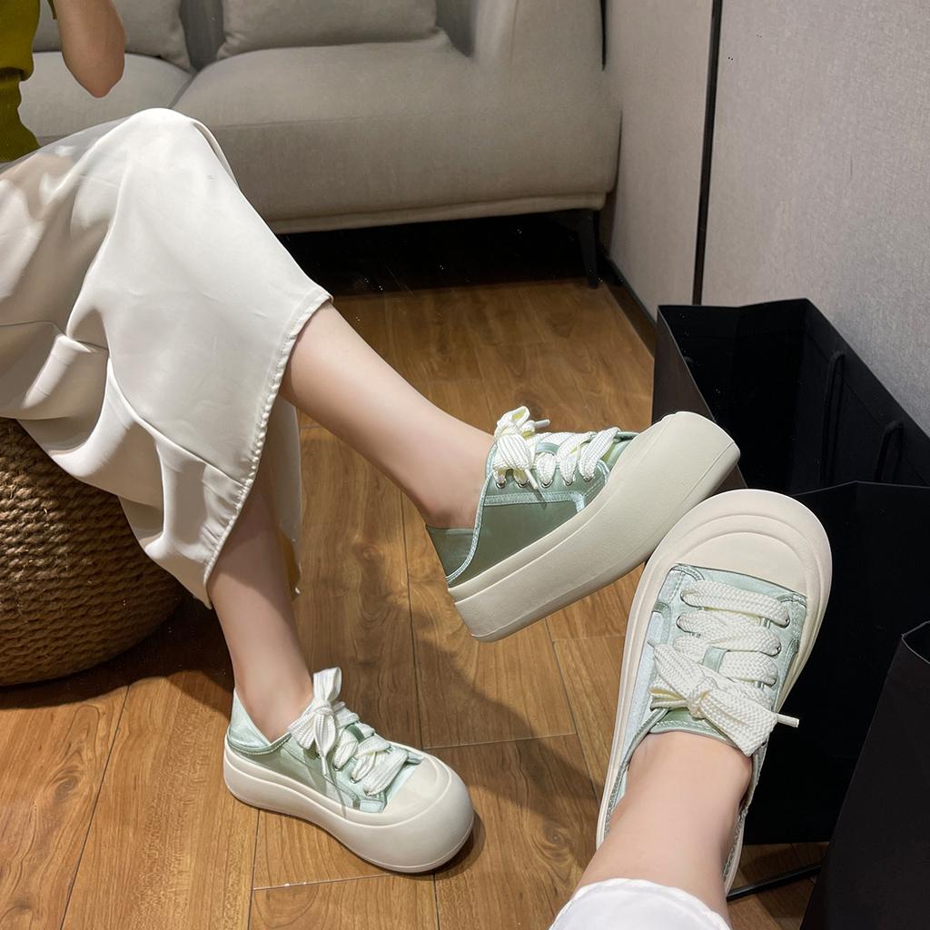 Niche Ugly and Cute Big Head Bread Shoes Women's Invisible Height Increasing Insole Satin Casual Shoes Women's Preppy Style White Shoes Women