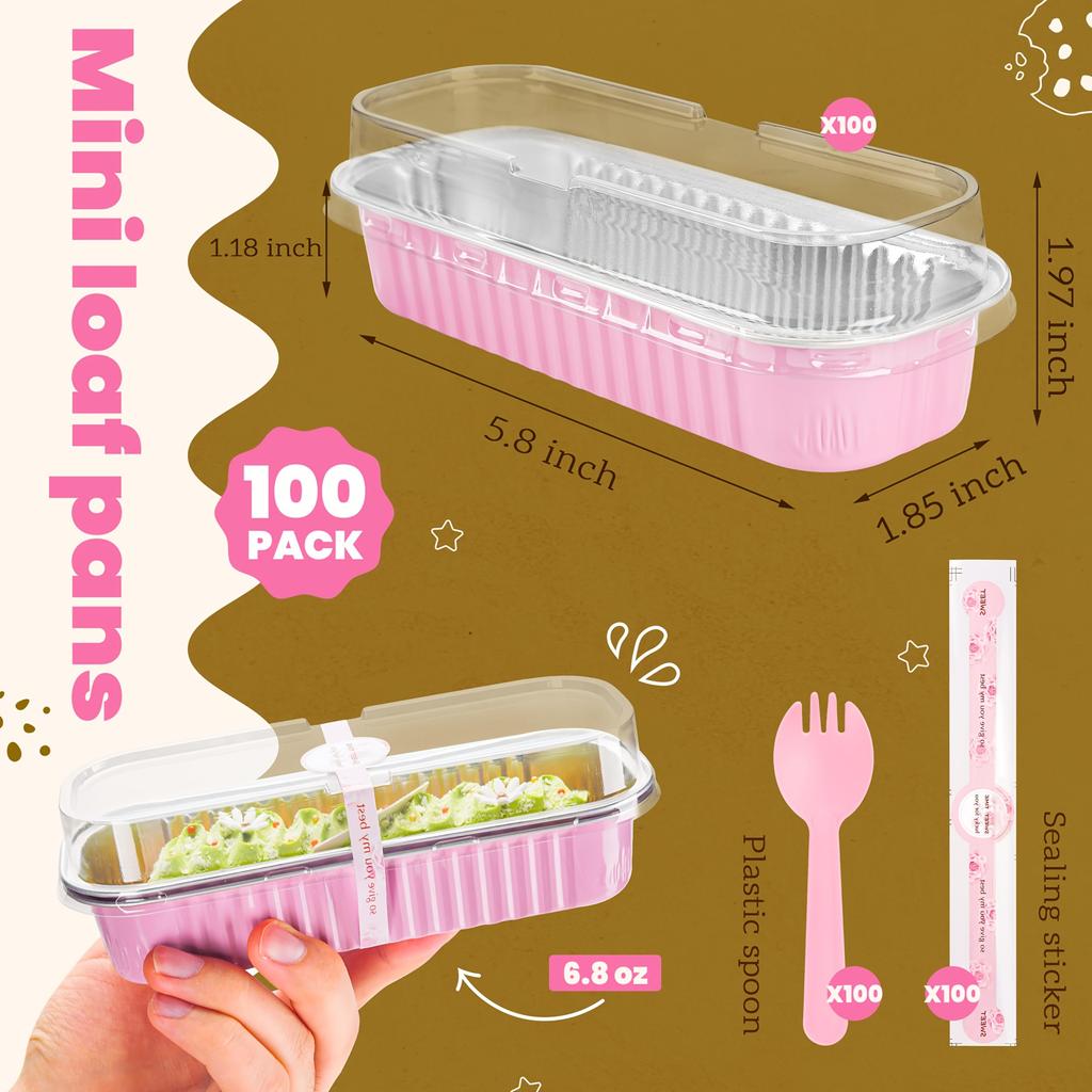 100Only Holds Mini Cake Baking Pans Spoon with Lid Rectangular Aluminum Foil Baking Pan Mini Cheesecake Box (6.8Ounce)