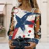 Women Plus Size Asymmetric Off Shoulder Long Sleeve T Shirt Star Printed Red Blue White Rhinestone Strap Sheer Floral Sleeve