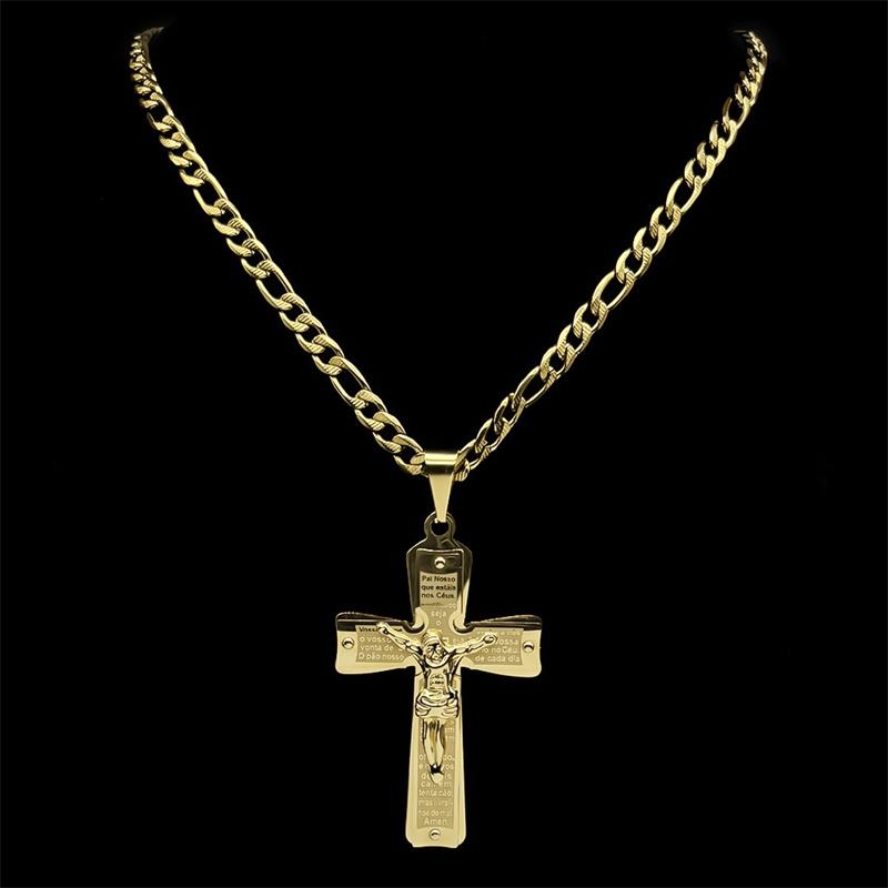 Christian Jesus Cross Crucifix Necklace for Man Women Stainless Steel Gold Color Bible Men's Chain Prayer Baptism Gift Jewelry