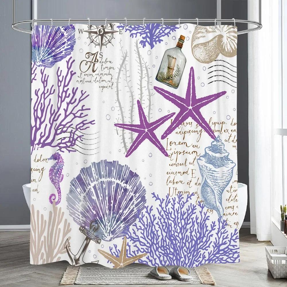 Nautical Starfish Seashell Coral Shower Curtain Ocean Themed Shower Curtains For Bathroom Polyester Fabric Coastal Bath Curtains