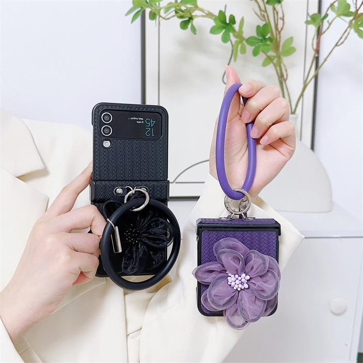 Applicable To Samsung ZFlip5 Mobile Phone Case Straw Mat Pattern Leather Case Flower Portable Hanging Ring Zflip4 Folding Protective Case