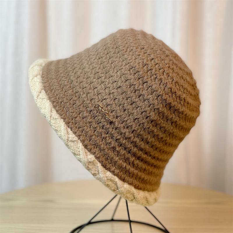 Autumn and winter woolen bucket hat for women, fashionable and warm knitted fisherman hat, face-slimming hat, bucket hat with large brim for winter