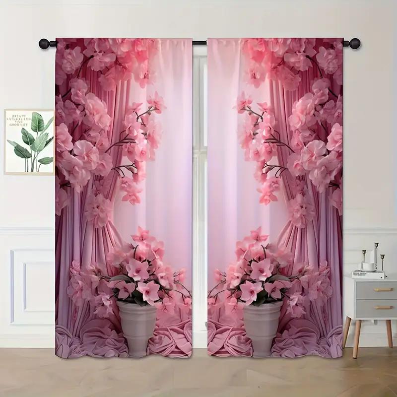 2pcs - Romantic Pink Printed curtains, appropriate used for home decoration in bedrooms and family rooms Durable Material