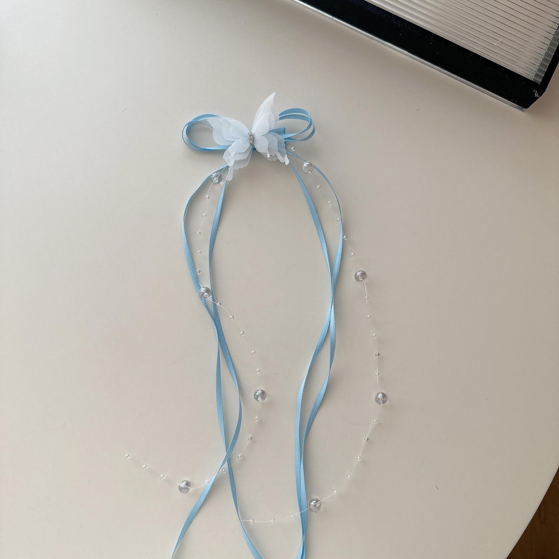 Korean Fairy Ribbon Bow Tassel Hair Clip - Ballet Style синий