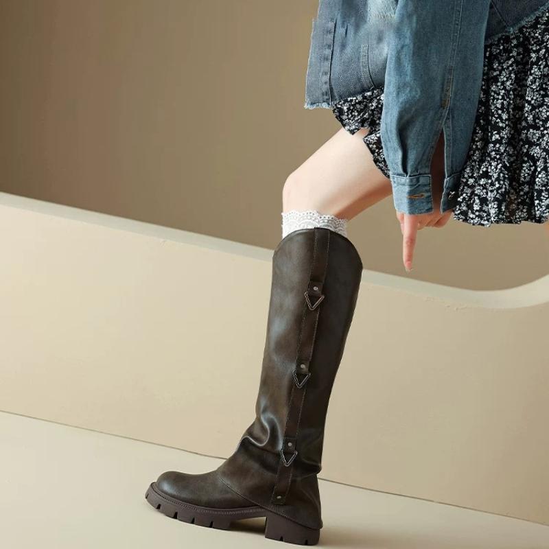 Knee-High Women Knigit Boots Metal Buckle Side Zipper Chunky Mid-Heel Round Toe Fold-Over Boots Fashion Coolgirl Shoes