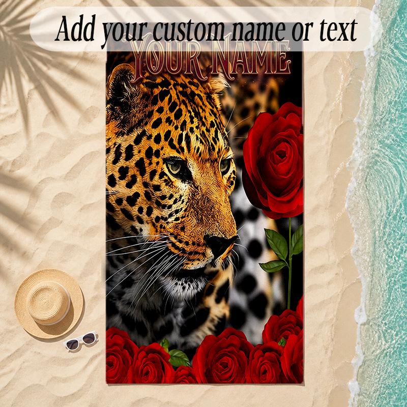 Leopard Theme Soft Beach Towel Personalized Custom Name Text Towel Portable for Beach Pool Travel