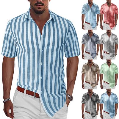 Mens Casual Lightweight Striped Short Sleeve Shirt Button Down Cotton Dress Shirt