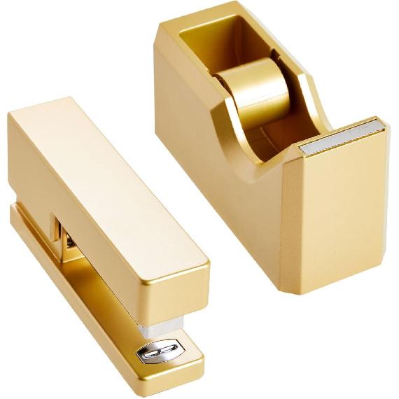 2 Piece Matte Gold Stapler and Tape Dispenser Set for Home Office Decor, Classroom Supplies, Desk Accessories for Dorm Room, Students, Teachers,