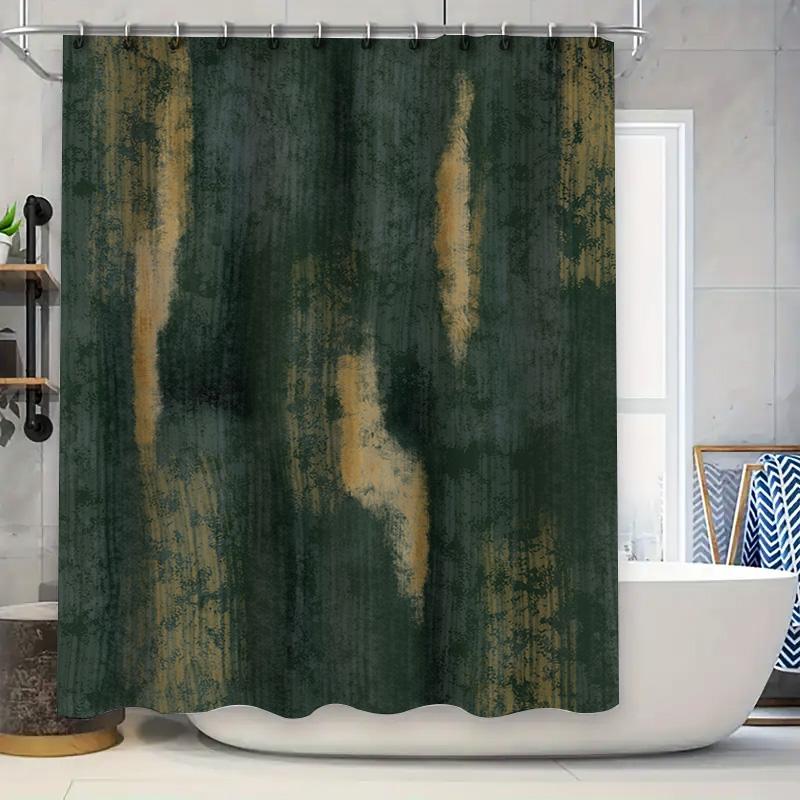 Green And Golden Abstract Pattern Waterproof Bathroom Shower Curtain, Durable Fabric With Hooks For Easy Installation Perfect Ad