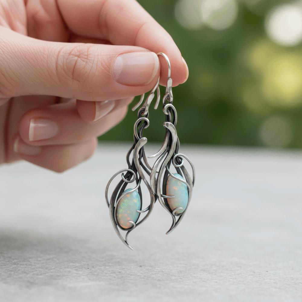 A Pair Silver Color Pendant Earrings Opal Pendant Bohemian Style Silver Color Earrings Elegant Elegant Jewelry Special Occasions