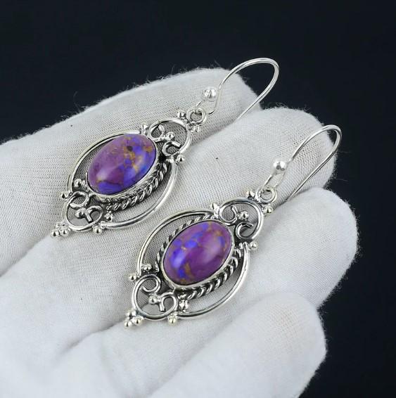 Cercei cu turcoaz mov natural, cercei din argint lucrați manual, argint 925 sterling, cercei cu lacrimi turcoaz, cercei cu picătură