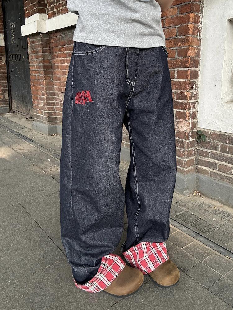 RogueWave Americké Retro Kostkované Patchworkové Srolovaný Okraj Dámské Džíny High Street Harajuku Volné Široké Nohy Rovné Nohy Pánské a Dámské Kalhoty