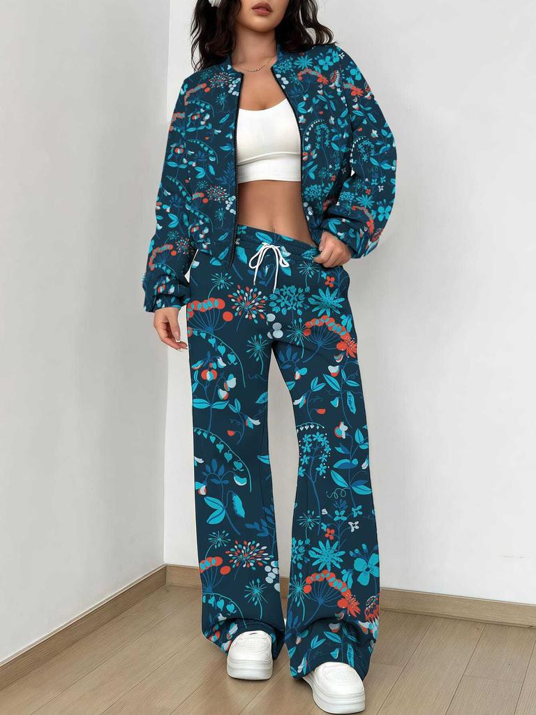 Striped Autumn And Winter New European And American Women'S Clothing Pink Flower Printing Suit Women