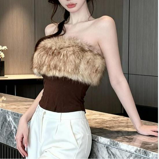 2025 Elegant One-Shoulder Fur Collar Strapless Slim-Fit Vest for Women M кофейный