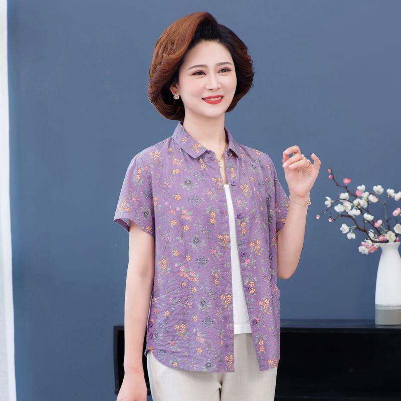 

New Arrival Ladieswear Middle-Aged and Elderly Blouses Thin Tops Short Sleeve Grandma s Clothes Western Style Floral Fashionable Summer Clothing Shirt Purple 2XL