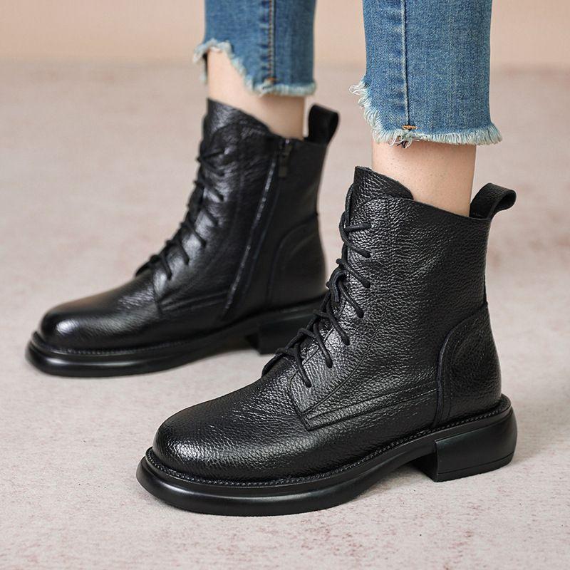 Women's Autumn Round-Toe Lace-Up PU Leather Low-Top Boots British Style Soft-Sole Soft-Upper Short Boots