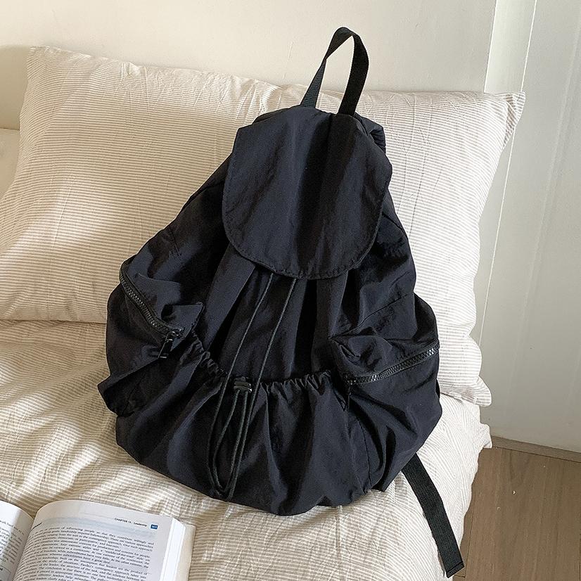 Women's Casual Backpack New Pleated Drawstring Nylon Backpack Women's Trend Large Capacity Flip Student Backpack for Girls