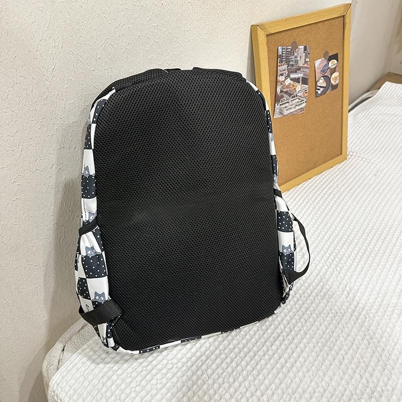 Plaid Cat Print Nylon Schoolbag Large Capacity Backpack High School Student Backpack
