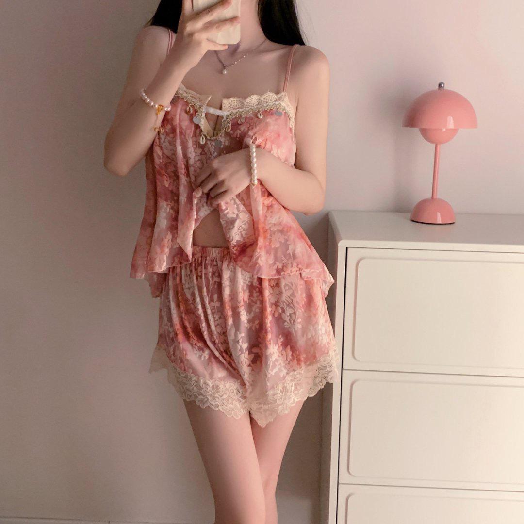 

French Romantic Floral Lace Pajama Nightgown Set M
