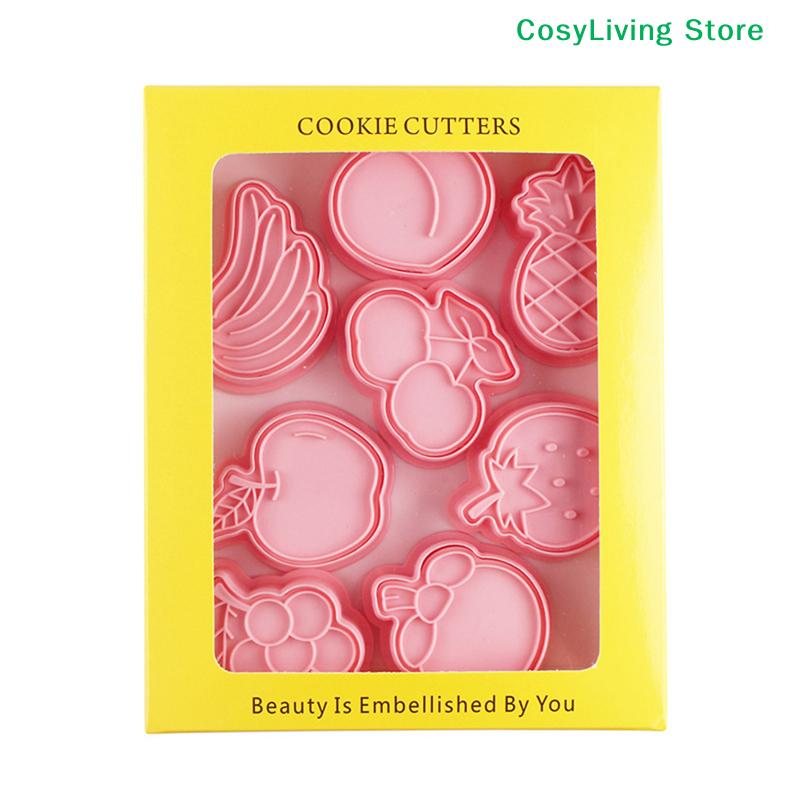 [CL]8Pcs Cartoon Fruit Cookie Embosser Mold 3D Frosting Fondant Cookie Press Mold Strawberry Peach Biscuit Cutter Cake Mold[CL]