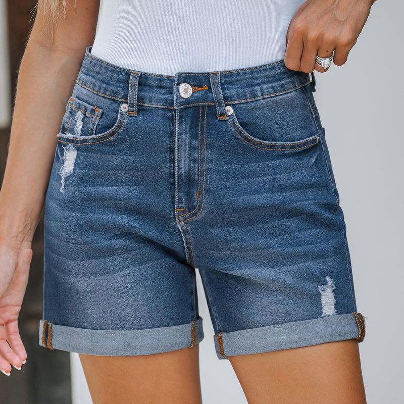 

European and American Summer New Women Straight Frayed Curling Demin shorts Women Casual Shorts Dark Blue 2XL