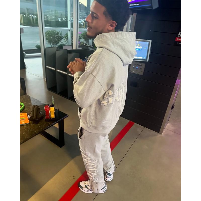 Mens Streetwear Hooded Zip-Up Sweatshirt Set Gray Black Solid Color Cotton Fleece Tracksuit Fall