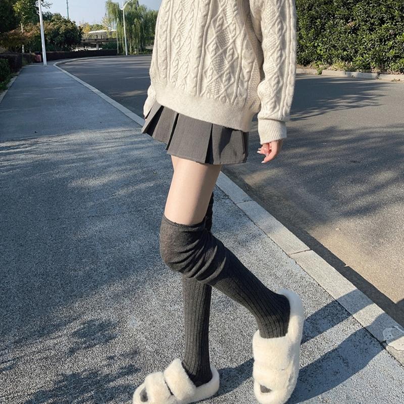 Japanese Women Elastic Over Knee Socks Student Slouch Top Rib Knit Long Stocking