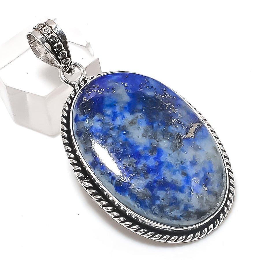 Natural Lapis Lazuli Gemstone 925 Sterling Silver Jewelry Pendant 2.09" d1Z84