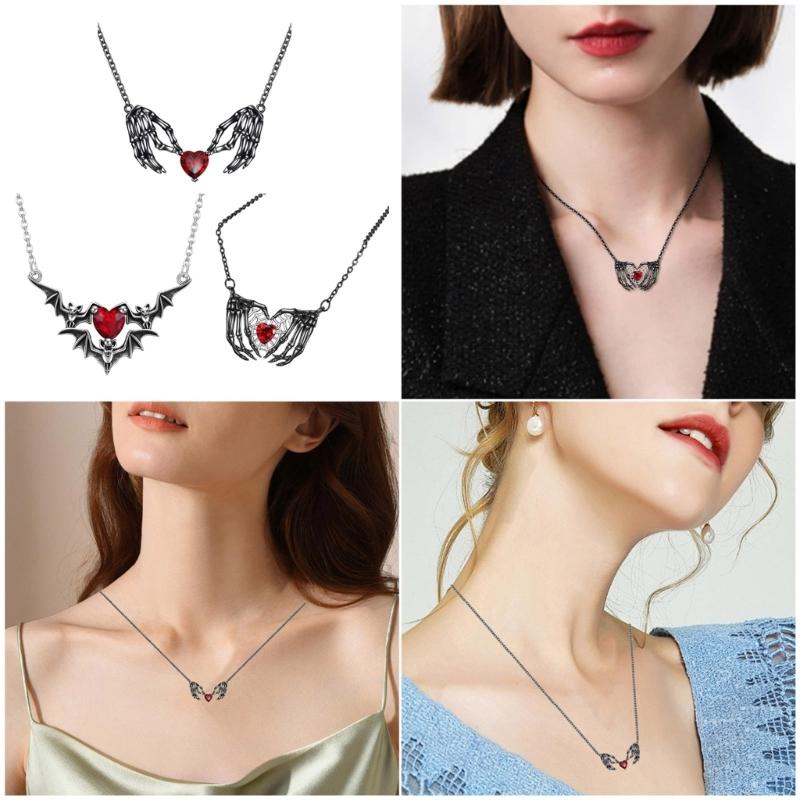 Edgy Heart Bat Wing Pendant Necklace Dark Fantasy Skull Hand Jewelry For Women Gothic Halloween Gift Fashion Accessory