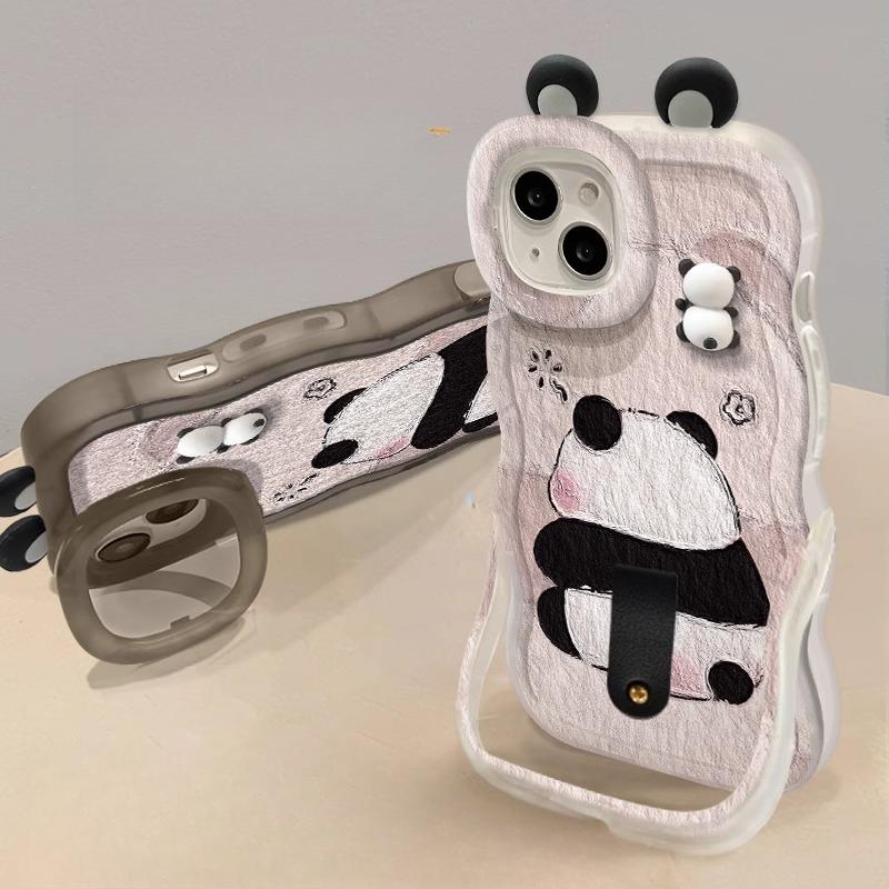 Texturovaná šňůrka s pandou pro pouzdro na mobil Apple 14 15plus Roztomilý přívěsek 13pro Dvojitý držák Ins