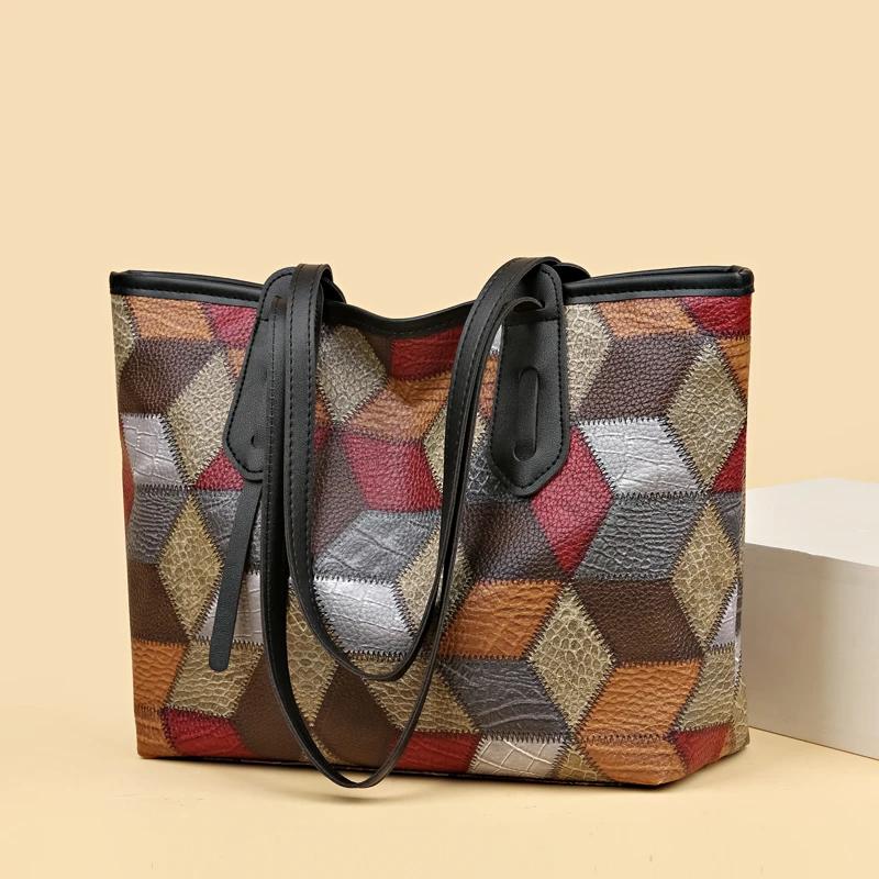 Hot Selling Casual Trend PU Splicing Large Capacity Crossbody Bag Fashion Youth Design Tote Bag Retro Elegant Women's Handbag